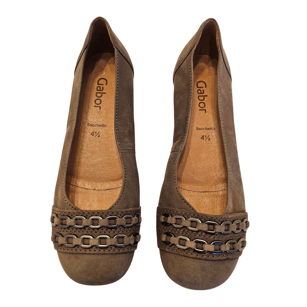 Gabor Sacchetto Taupe Brown Leather Chain Link Ballet Flats 44 Portugal Sz 7